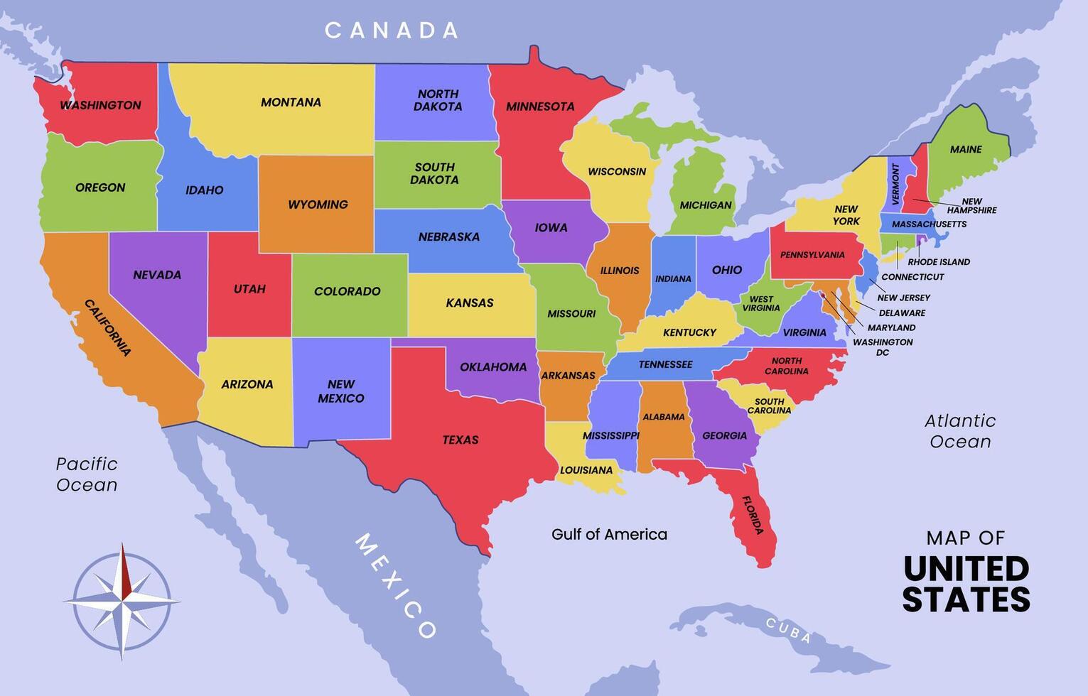Map of the USA with states and cities