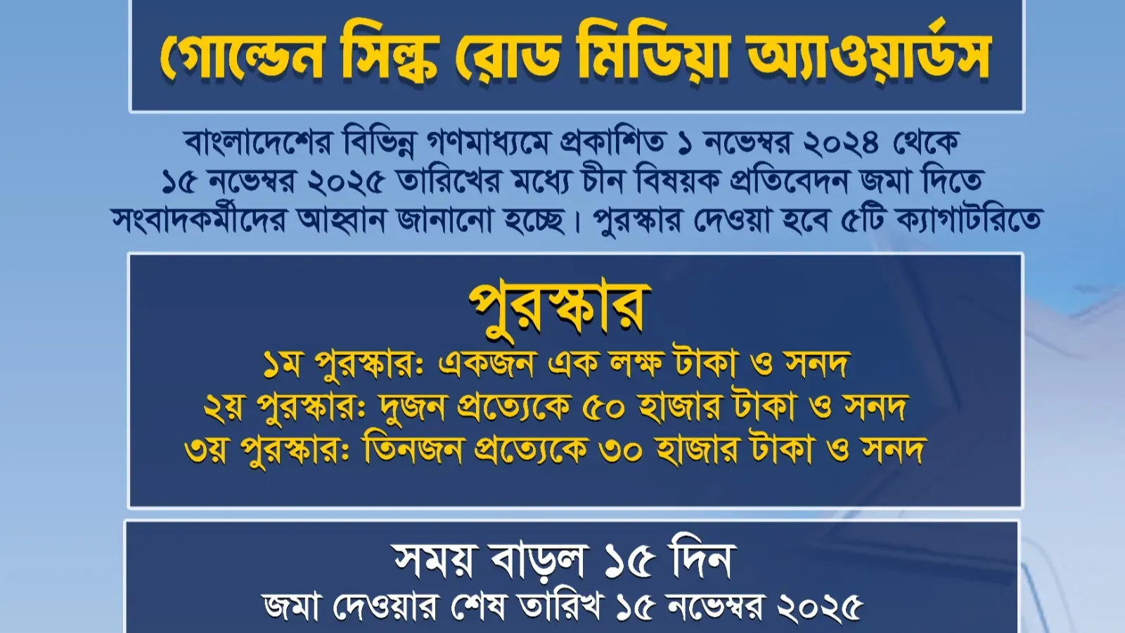 ‘গোল্ডেন সিল্ক রোড মিডিয়া অ্যাওয়ার্ডস’-এ প্রতিবেদন জমা দেওয়ার সময় বাড়ল