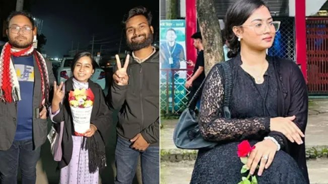 কারামুক্ত জুলাই যোদ্ধা সুরভীকে ফুল দিয়ে বরণ