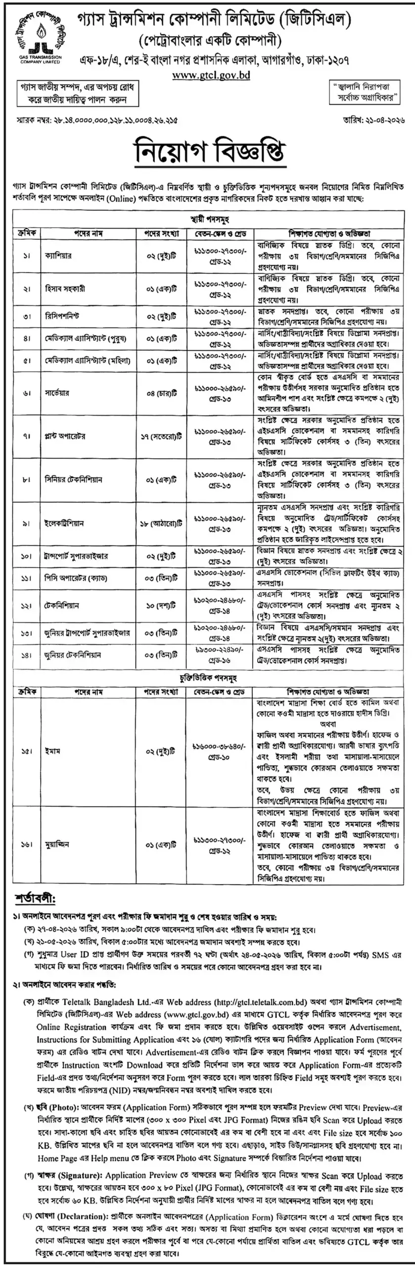 Gas Transmission Company Limited Job Circular 2026