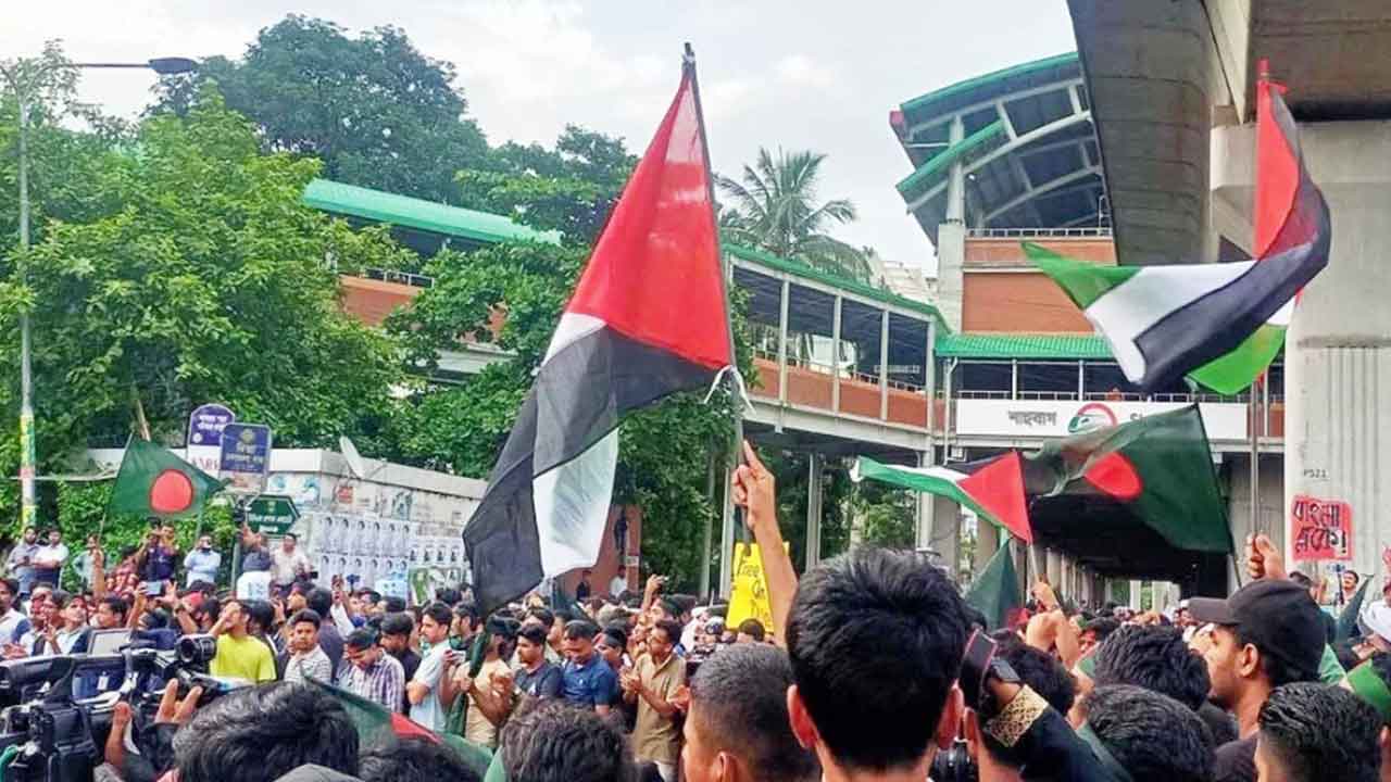 কোটা আন্দোলন ২০২৪ : শিক্ষার্থীদের জনসমূদ্র, হাতে ফিলিস্তিনের পতাকা